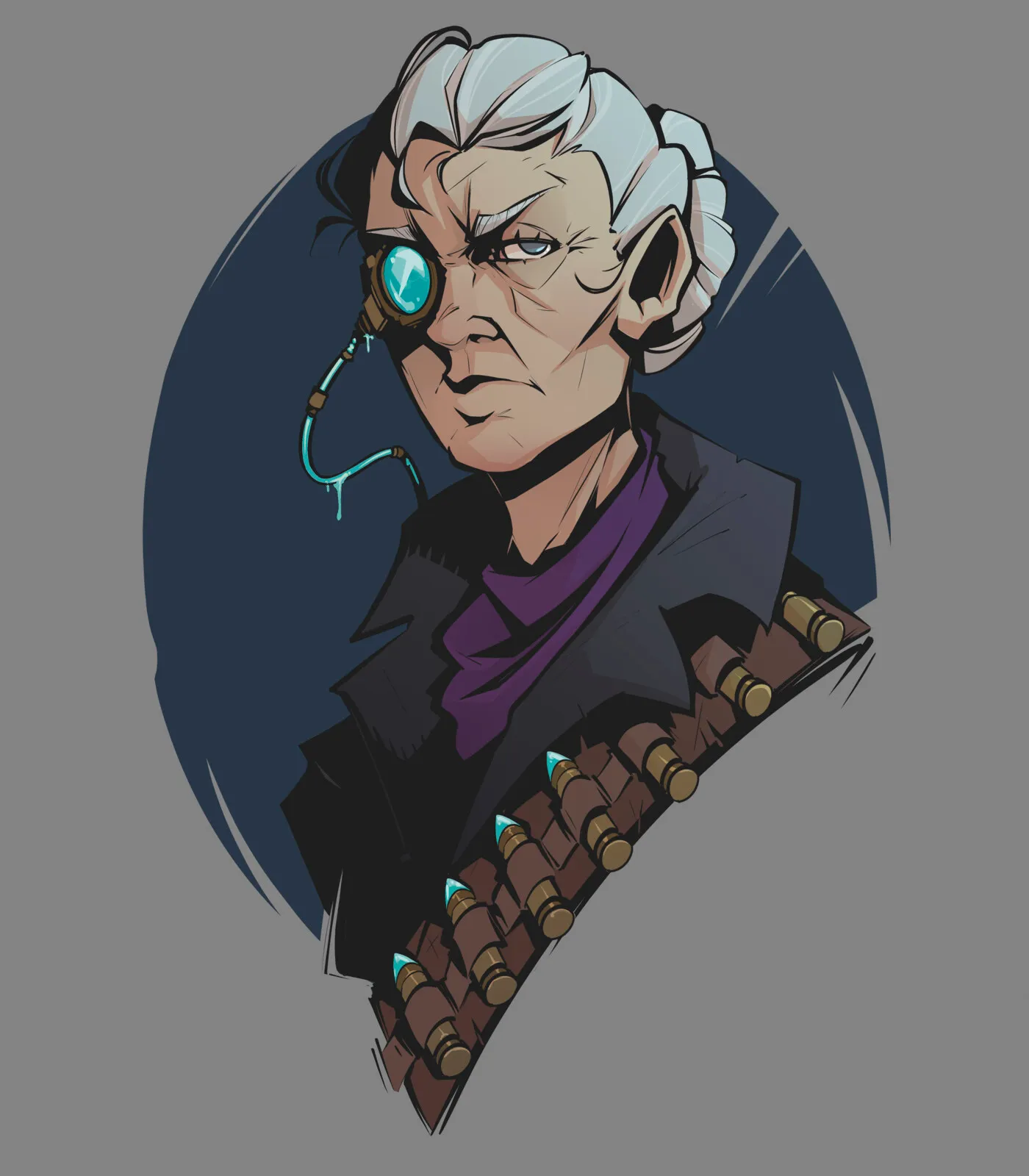 Illustration of Vera the gunner, white-haired, wearing a monocle and a belt full of cartridges